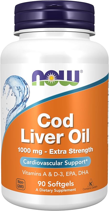 NOW Foods Supplements, Cod Liver Oil, Extra Strength 1,000 mg with Vitamins A & D-3, EPA, DHA, 90 Softgels