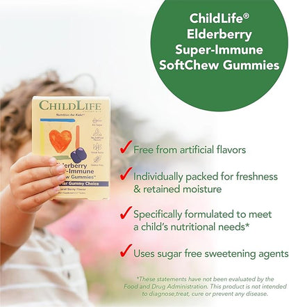 CHILDLIFE ESSENTIALS Elderberry Super-Immune SoftChew Gummies for Kids - Immune Support with Vitamin C & Vitamin D3, Elderberry Immune Supplement for Babies, Toddlers & Children - Berry, 27 Softchews