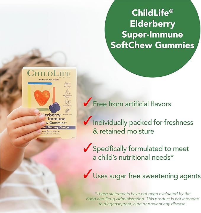 CHILDLIFE ESSENTIALS Elderberry Super-Immune SoftChew Gummies for Kids - Immune Support with Vitamin C & Vitamin D3, Elderberry Immune Supplement for Babies, Toddlers & Children - Berry, 27 Softchews