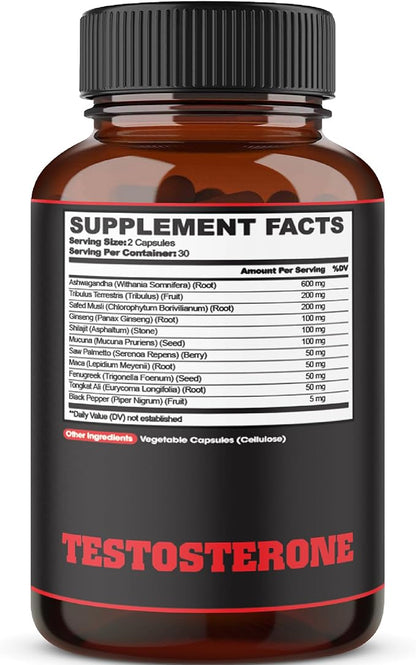 Testosterone Supplement for Men with Ashwagandha, Tribulus, Ginseng & More - 11 Herbs - Strength Support - 60 Vegan Capsules 1 Month Supply