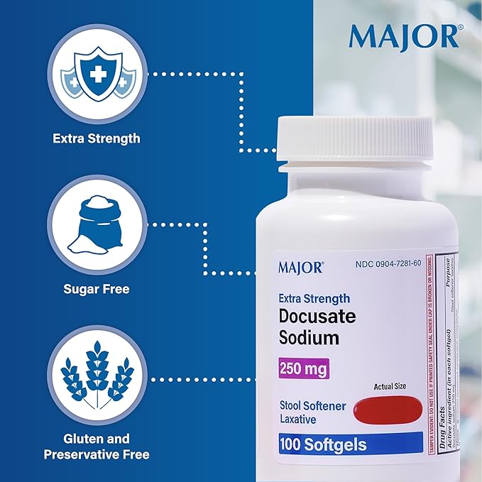 MAJOR Docusate Sodium 250 mg - Extra Strength Stool Softener Laxative Softgels for Constipation Relief - Gentle Stool Softeners for Women, Men, and Kids Ages 12+ - 100 Softgels (4 Pack)