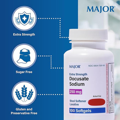 MAJOR Docusate Sodium 250 mg - Extra Strength Stool Softener Laxative Softgels for Constipation Relief - Gentle Stool Softeners for Women, Men, and Kids Ages 12+ - 100 Softgels (4 Pack)