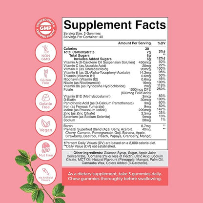 Natures Craft Vegan Prenatal Gummies for Women - Gummy Prenatal Vitamins for Women with Iron Folic Acid and Superfruit Blend - Chewable Vitamins Gummy Formula (Pineapple Mango) 40 Day Supply