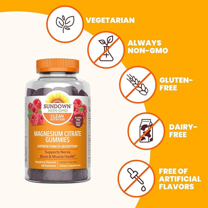 Sundown Magnesium Citrate Gummies, Supports Nerve, Bone & Muscle Health, Vegetarian, Raspberry Flavored, 60 Count