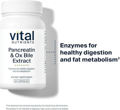 Vital Nutrients Pancreatin & Ox Bile Extract 500mg | Natural Digestive Enzymes for Women & Men | Supports Digestion of Protein, Fat, and Carbohydrates*| Gluten, Dairy & Soy Free | 60 Capsules