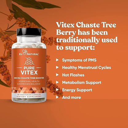 Vitex Pure 400 Mg Chasteberry – Natural PMS Support, Balance Hormones, Regulate Cycle, Promote Skin Health – Full-Spectrum & Standardized – 60 Vegan Soft Capsules
