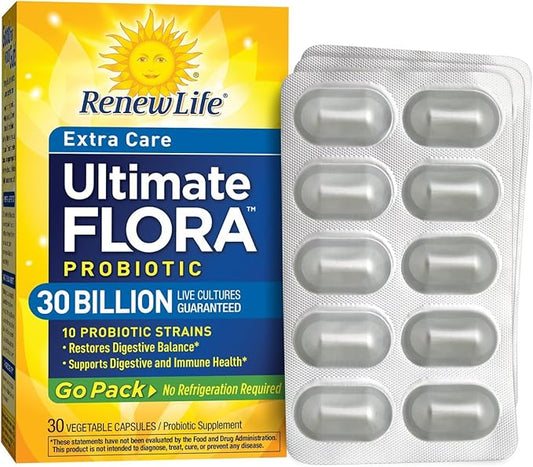 Renew Life Adult Probiotic - Ultimate Flora Probiotic Extra Care Go Pack, Shelf Stable Probiotic Supplement - 30 billion - 30 Vegetable Capsules (Packaging May Vary)