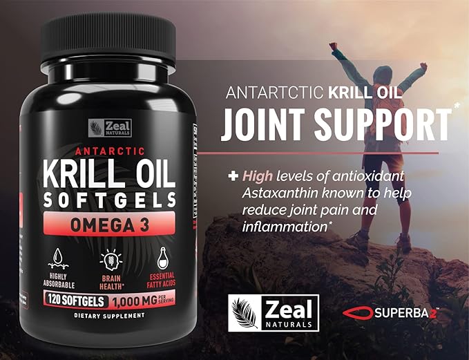 Antarctic Krill Oil 1000mg (120 Softgels) Omega 3 Krill Oil Supplement with EPA, DHA & Astaxanthin - Omega 3 Fish Oil for Joint, Brain, and, Heart Support for Men and Women
