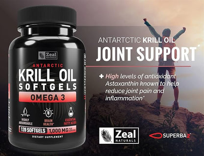 Antarctic Krill Oil 1000mg (120 Softgels) Omega 3 Krill Oil Supplement with EPA, DHA & Astaxanthin - Omega 3 Fish Oil for Joint, Brain, and, Heart Support for Men and Women