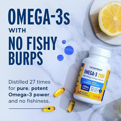 Oceanblue Professional Omega-3 2100 Minis – 120 ct – Triple Strength Burpless Fish Oil Supplement with High-Potency EPA, DHA, DPA – Orange Flavor (30 Servings)