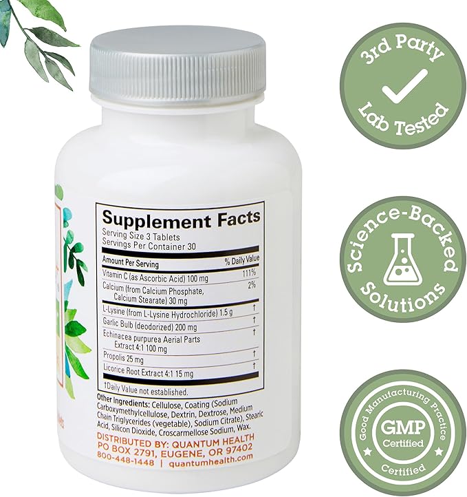 Quantum Health Super Lysine+ / Advanced Formula Lysine+ Immune Support with Vitamin C, Echinacea, Licorice, Propolis, Odorless Garlic (90 Tablets)