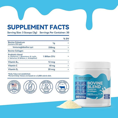 Bovine Colostrum & Collagen Powder for Gut Health, Immune Support, Hair Growth & Beauty Supplement, Sugar Free – IgG, Probiotics, Vitamin B12, C, D3 – Unflavored, 30 Servings