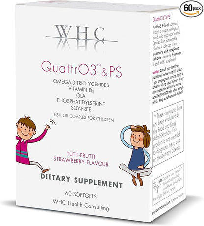 WHC, QuattrO3 & PS, Fish Oil Complex for Children, Omega-3 Triglycerides, Vitamin D3, GLA, Phosphatidylserine, Soy Free, Tutti-Frutti Strawberry Flavor, 60 Softgels