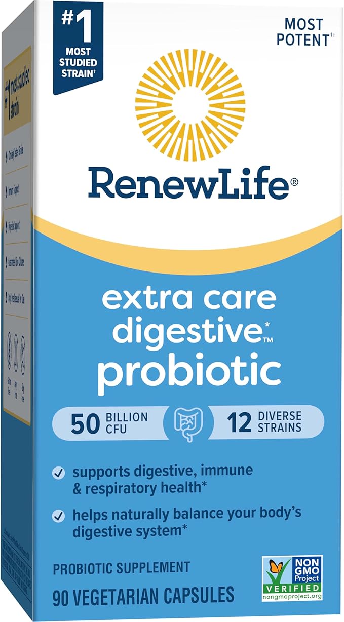 Renew Life Extra Care Digestive Probiotic Capsules, 50 Billion CFU Guaranteed, Daily Supplement Supports Immune, Digestive, Respiratory Health(1), L. Rhamnosus GG, Dairy, Soy and Gluten-Free, 90 Count