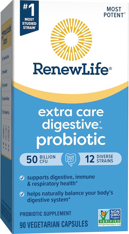 Renew Life Extra Care Digestive Probiotic Capsules, 50 Billion CFU Guaranteed, Daily Supplement Supports Immune, Digestive, Respiratory Health(1), L. Rhamnosus GG, Dairy, Soy and Gluten-Free, 90 Count