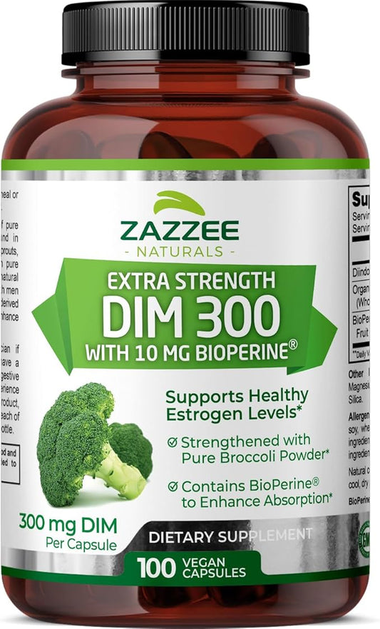 Zazzee DIM 300 mg Per Capsule, 100 Count, Plus 10 mg BioPerine, Estrogen Balance, Hormonal Acne, Menopause Support, Hormonal Balance, Diindolylmethane, Vegan, All-Natural, Non-GMO, Made in The USA