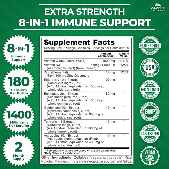 Zazzee Extra Strength 8-in-1 Immune Support, 1400 mg per Capsule, 180 Vegan Capsules, 1000 mg Vitamin C, 1000 IU D3, Zinc, Elderberry, Echinacea, Goldenseal, Turmeric, Astragalus, Made in The USA