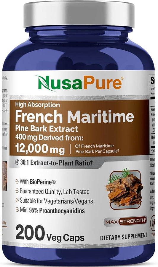 NusaPure French Maritime Pine Bark 30:1 Extract, 400 mg Equivalent to 12,000 mg Per Veggie Caps 200-Day Supply, Bioperine (Non-GMO & Vegan)