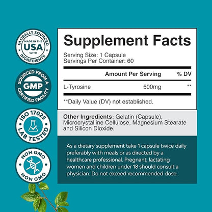 Free Form L Tyrosine 500mg Capsules - High Strength L-Tyrosine Supplement for Mental Energy and Focus Support - Amino Acid Nootropic Supplement for Mood Focus Attention and Cognition (60 Count)