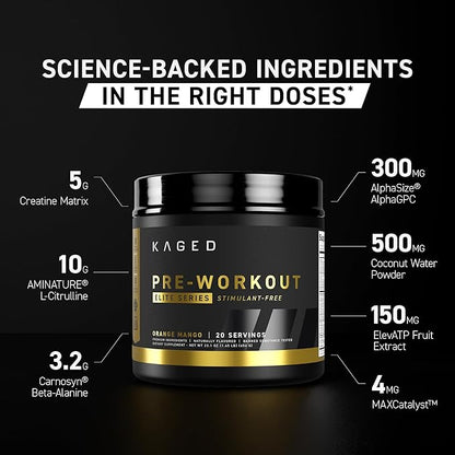 Kaged Pre Workout Powder Pre-Workout Elite Stim-Free for Men & Women, Power, Stamina, Focus, Pumps, L-Citrulline, Beta Alanine, Creatine, Caffeine-Free, Cherry Limeade, 20 Servings