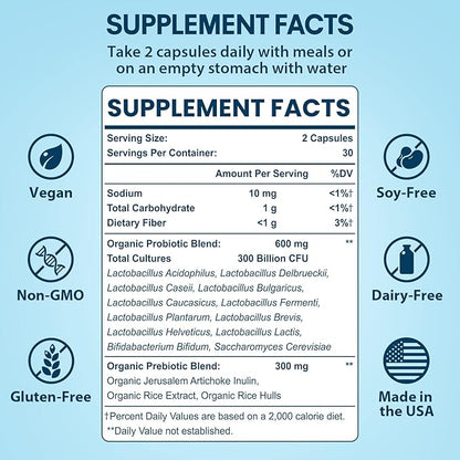 Probiotics for Women & Men, 300 Billion CFU Probiotics from 12 Strains + Organic Prebiotics Blend for Daily Digestive, Immune, Gut, Bloating, Gut Health for Women & Men, Shelf Stable - 60 Capsules