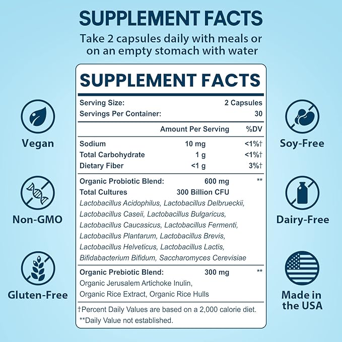 Probiotics for Women & Men, 300 Billion CFU Probiotics from 12 Strains + Organic Prebiotics Blend for Daily Digestive, Immune, Gut, Bloating, Gut Health for Women & Men, Shelf Stable - 120 Capsules