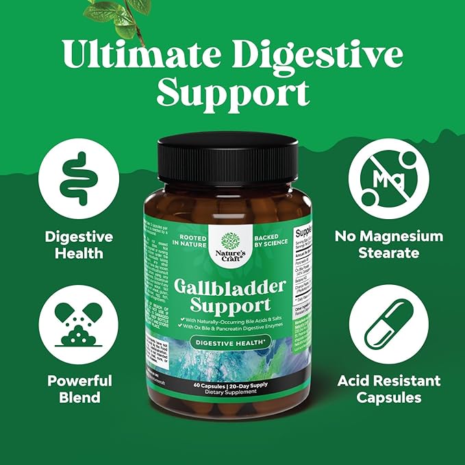 Ox Bile Salts for Gallbladder Support - Purified Bile Salts Supplement with Pancreatin Digestive Enzymes Ox & Betaine HCL - Supplements for No Gallbladder & Digestive Health 20 Days