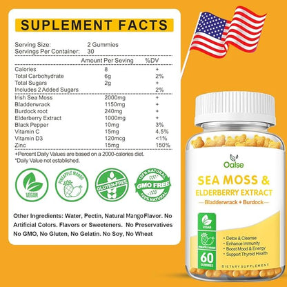 Sea Moss Gummies for Adults and Kids, 2000mg Raw Seamoss, Bladderwrack, Burdock Root, Elderberry, Pepper, Vitamin C & D3, Zinc Supports Immune System & Boost Energy (2-Pack)