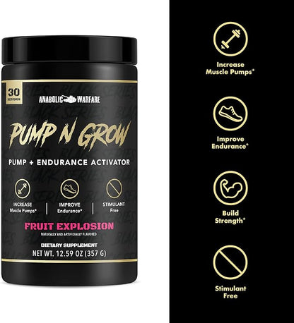 Anabolic Warfare Pump-N-Grow Muscle Pump Supplement Caffeine Free Pre Workout with L-Citrulline, L-Arginine, Beta-Alanine (Fruit Explosion– 30 Servings)