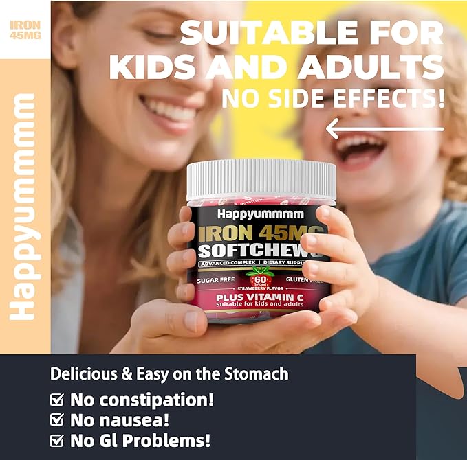 Iron Soft Chews Supplement with Vitamin C | Strawberry Flavored | Gluten Free | Iron Supplement for Women Men and Kids | 60 Count | 2 Month Supply