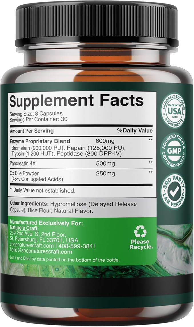 Digestive Enzymes with Ox Bile - Ox Bile Supplements for No Gallbladder with Trypsin, Papain & Bromelain Enzyme for Pancrease Cleanse & Detox - Pancreatin Digestion Enzymes for Women & Men - 90 Ct