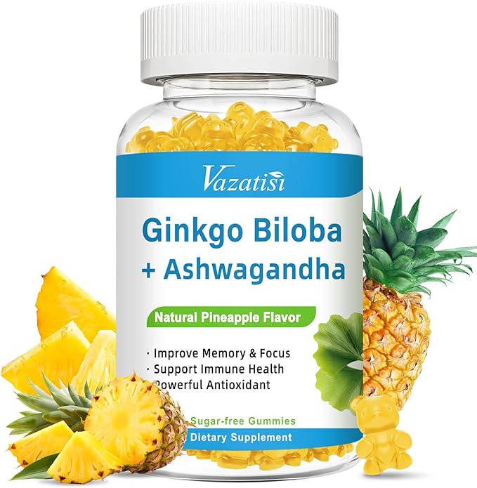 240MG Ginkgo Biloba Gummies | 60 Gummies | Improve Mood and Focus, Brain Health| Pineapple Flavor | Vegan, Non-GMO, Gluten Free Supplement