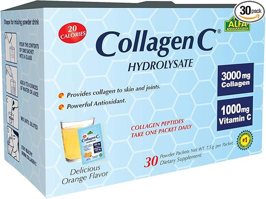 CollagenC® Collagen Peptides Hydrolysate Powder Supplement - Premium Quality Source of Antioxidants - for Immune Support, Skin, Hair, Nails & Joints support 30 sachets Pack