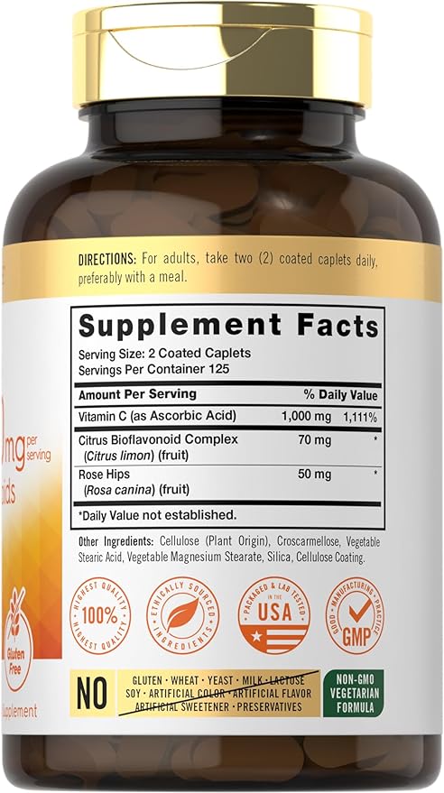 Carlyle Vitamin C 1000mg with Bioflavonoids | 250 Caplets | with Rose HIPS | Vegetarian, Non-GMO, Gluten Free Supplement
