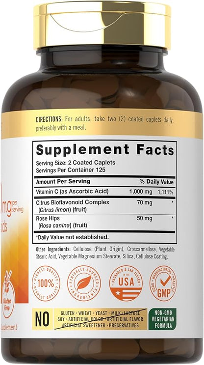 Carlyle Vitamin C 1000mg with Bioflavonoids | 250 Caplets | with Rose HIPS | Vegetarian, Non-GMO, Gluten Free Supplement