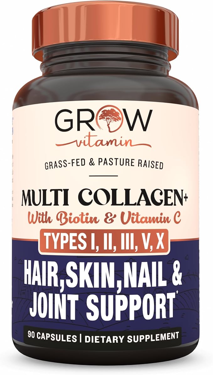 grow vitamin Multi Collagen Capsules, 1800MG (Types I, II, III, V & X) - Non-GMO, Grass Fed Collagen - Anti Aging Support for Hair, Skin, Nails - Protein Pills for Joint Support - 90 Capsules