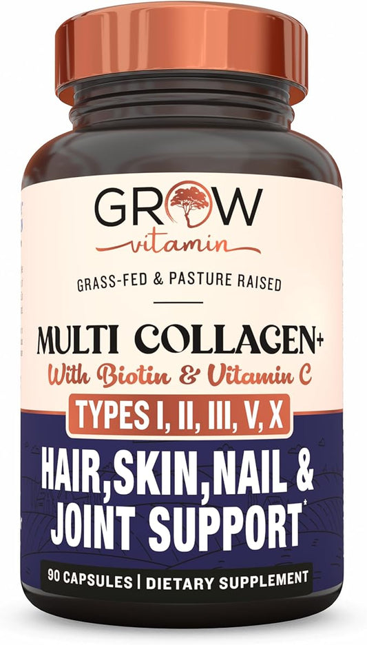 grow vitamin Multi Collagen Capsules, 1800MG (Types I, II, III, V & X) - Non-GMO, Grass Fed Collagen - Anti Aging Support for Hair, Skin, Nails - Protein Pills for Joint Support - 90 Capsules