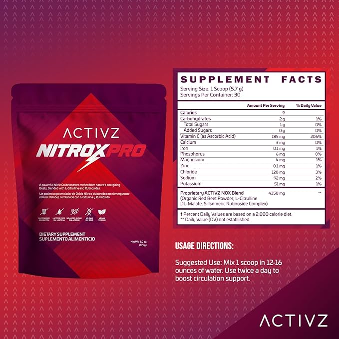 ACTIVZ NitroxPro™ Drink Powder - Beets, L-Citrulline, Rutinosides, CyLoc Dextrin & DexKey for Nitric Oxide, Cardiovascular Support, 6.0 oz (171g)