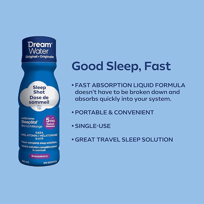 Dream Water Sleep Aid Supplement Drink; Melatonin 5mg, GABA, 5-HTP; Zero Sugar, Natural Flavors, No Added Colors, 2.5 oz Liquid Sleep Shots, Snoozeberry, 12-Count