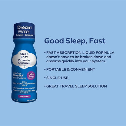 Dream Water Sleep Aid Supplement Drink; Melatonin 5mg, GABA, 5-HTP; Zero Sugar, Natural Flavors, No Added Colors, 2.5 oz Liquid Sleep Shots, Snoozeberry, 12-Count
