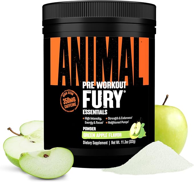 Animal Fury Pre Workout Powder - Green Apple, 350mg Caffeine, BCAA Amino Acids, 2g Beta Alanine, Citrulline & Tyrosine, Energy, Focus, Strength, Endurance, Preworkout for Men & Women, 20 Servings