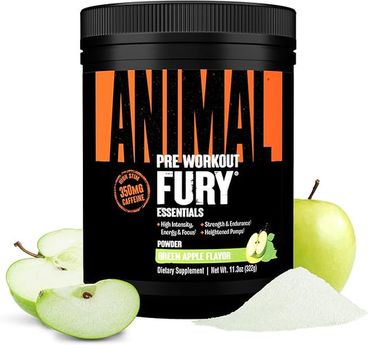 Animal Fury Pre Workout Powder - Green Apple, 350mg Caffeine, BCAA Amino Acids, 2g Beta Alanine, Citrulline & Tyrosine, Energy, Focus, Strength, Endurance, Preworkout for Men & Women, 20 Servings