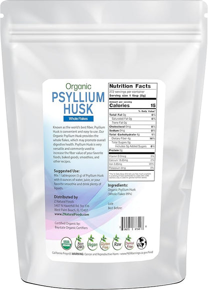 Z Natural Foods Organic Whole Psyllium Husk Flakes, a Natural Fiber Supplement, Mix It Into Smoothies, Juice, Non-GMO, Vegan, Gluten-Free, Kosher, 3 lb.