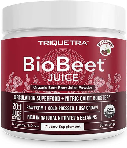 BioBeet® Beet Juice (Black Cherry Flavor) Max Strength 20x High Concentration than Beet Root Powder – Organic, Cold-Pressed, USA Grown, Raw Form – Nitric Oxide, Circulation Support (50 Servings)