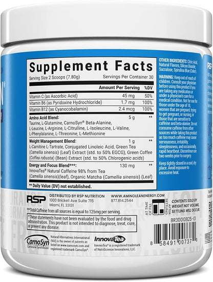 RSP NUTRITION AminoLean Pre Workout Powder, Amino Energy & Weight Management with Vegan BCAA Amino Acids, Natural Caffeine, Preworkout Boost for Men & Women, 30 Serv