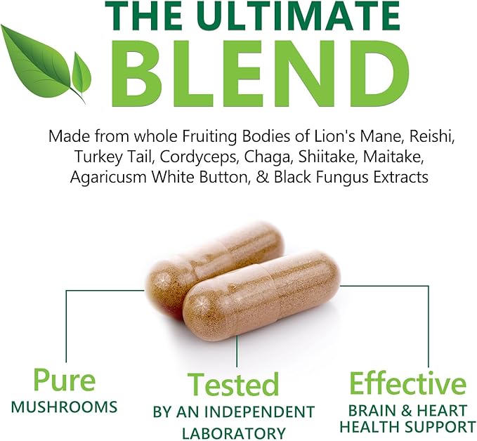 Mushroom Supplement 10 in 1 High Strength Lions Mane Mushroom - Turkey Tail, Reishi, Cordyceps, Chaga & Mushrooms Nootropic Brain Supplements for Memory & Focus Support, Mushroom Complex, 120 Capsules
