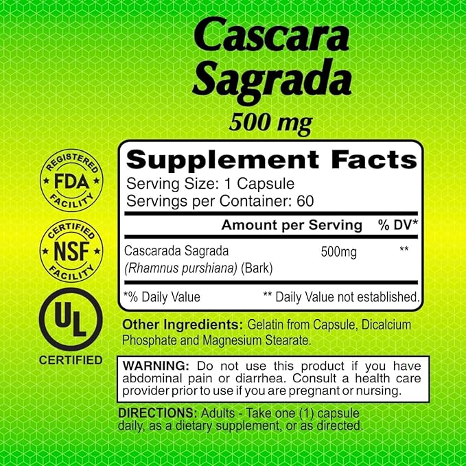 Alfa Vitamins Cascara Sagrada Herbal Supplement 500 MG - Helps Support Digestive System Function - Promotes Regularity - Detox/Cleanse - Supports Healthy Colon - 60 Capsules