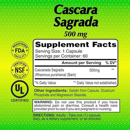 Alfa Vitamins Cascara Sagrada Herbal Supplement 500 MG - Helps Support Digestive System Function - Promotes Regularity - Detox/Cleanse - Supports Healthy Colon - 60 Capsules
