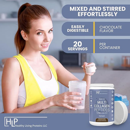 Healthy Living Proteins - Hydrolyzed Multi Collagen Peptides Powder Types I, II, III, V & X - Grass Fed Bovine, Wild Caught Marine, Free Range Chicken - Gluten Free (Chocolate, 8 oz)