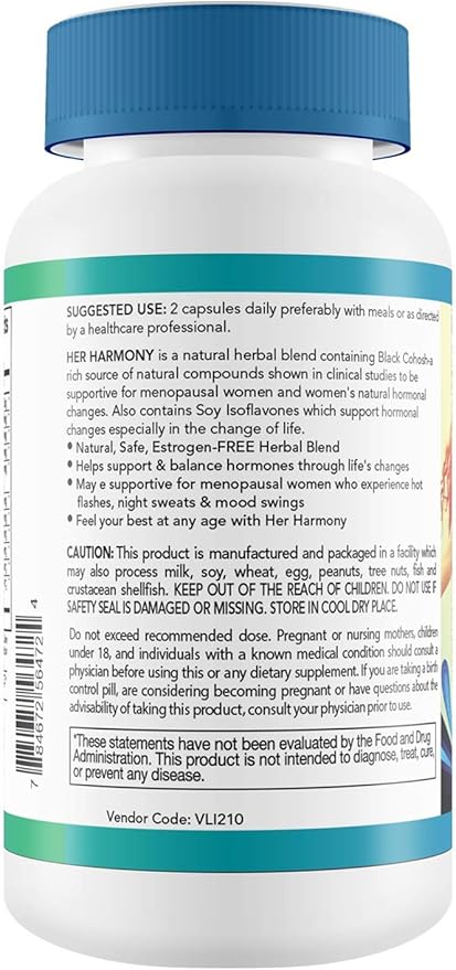 Her Harmony Menopause Supplements for Women - Hot Flashes Menopause Relief & Hormone Balance for Women - Contains Black Cohosh, Dong Quai, Red Clover & More - Estrogen Free - 120 Capsules